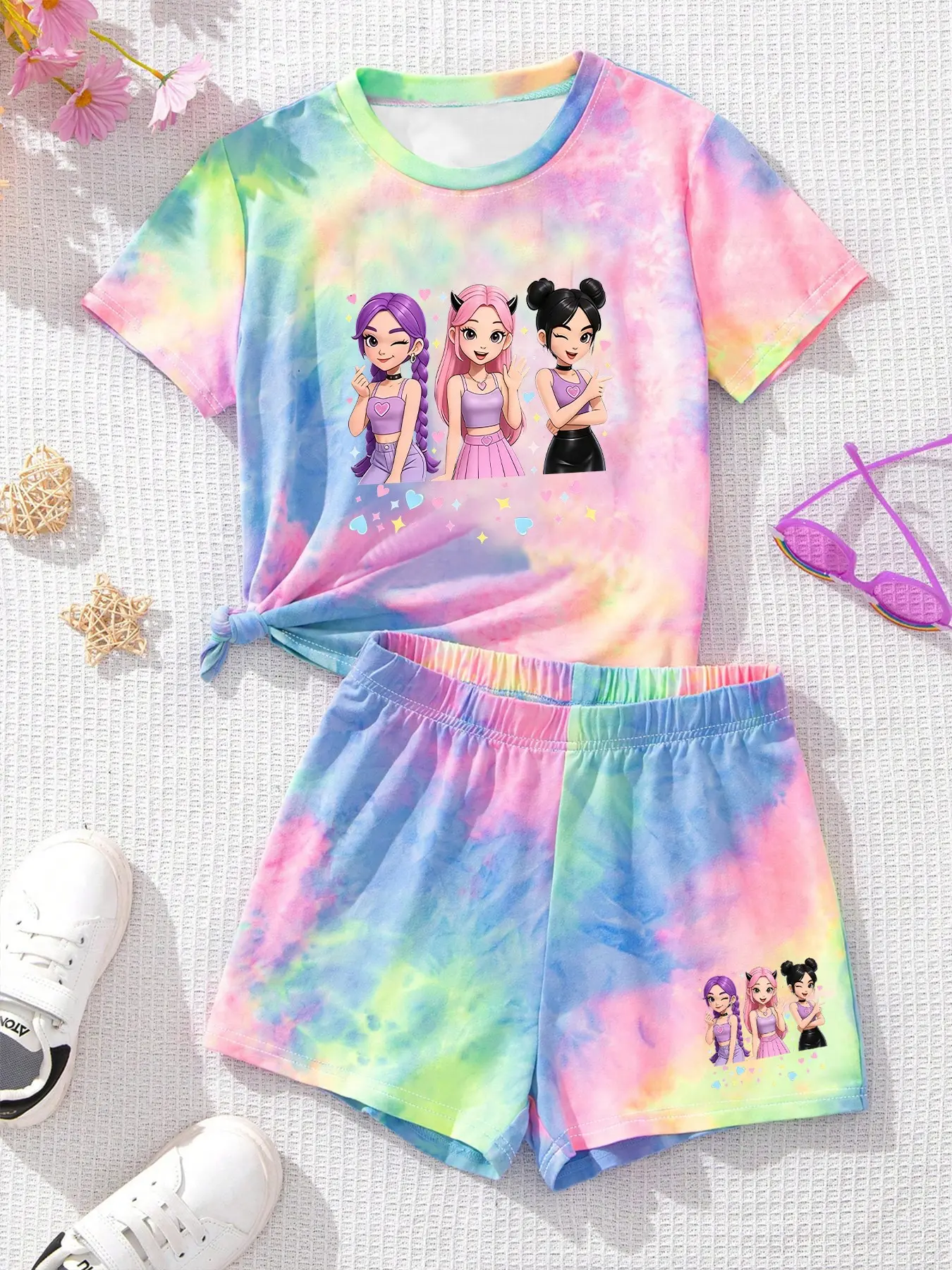 Girls' Boho Tie Dye Print Short Sleeve Top & Shorts Set, Summer Fashion Two-Piece Set, Loose-Fitting Kids Clothes, Casual Summer Outfit, Summer Clothing Set, Matching Set, Graphic Print Set, Fashion Clothes Sets