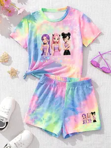 Girls' Boho Tie Dye Set, Rainbow Gradient Short Sleeve Top & Shorts, Summer Fashion Two-Piece, Loose-Fitting Kids Clothes