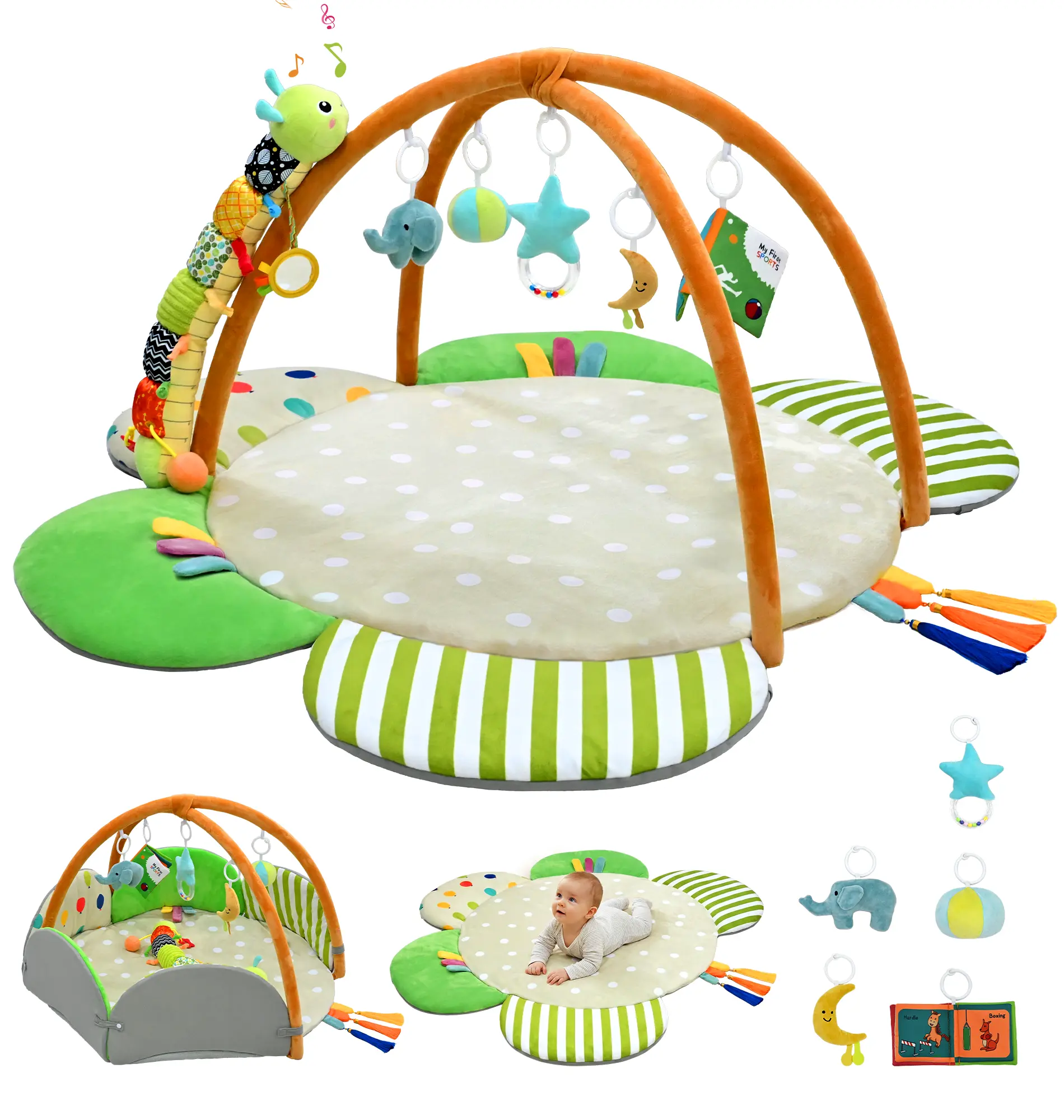 Kidmoze Baby Play Mat, 5-in-1 Flower-Shaped Plush Activity Gym for Infants 0-12 Months, Tummy Time Nursery Development Mat for Floor with Sensory Caterpillar Toy, Newborn Play Mat