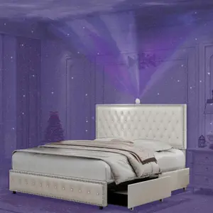 Queen size bed frame with 4 drawers, Star Galaxy Projector, USB Charger, Music Speaker, Adjustable Upholstered Headboard with Diamond Button,Velvet-B2727P253431