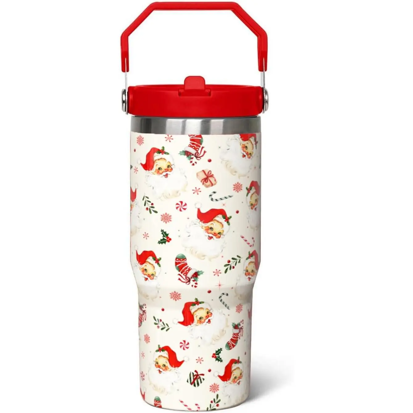 30oz 18/8 Stainless Steel Insulated Santa Print Travel Tumbler - Kitchenware Drinkware with Lid & Straw, Portable Water Bottle Flask for Moms, Teenage Girls, Daughters, Christmas Decor & Gifting, Water Bottles, Flasks