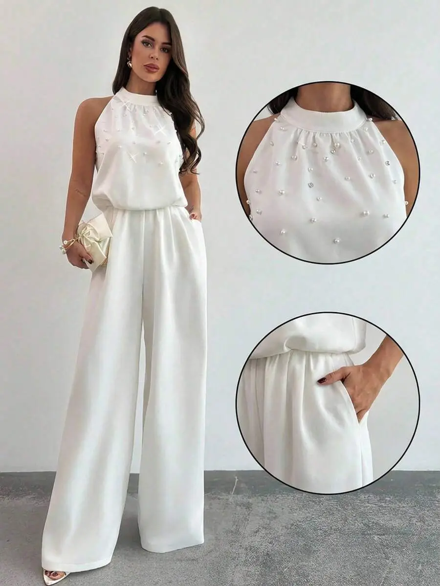YESENIA Women's Elegant White Sleeveless Mandarin Collar Pearl Beaded Jumpsuit,Formal Summer Wide Leg Pants,Office Wear,Graduation,Party,Wedding Guest Outfit