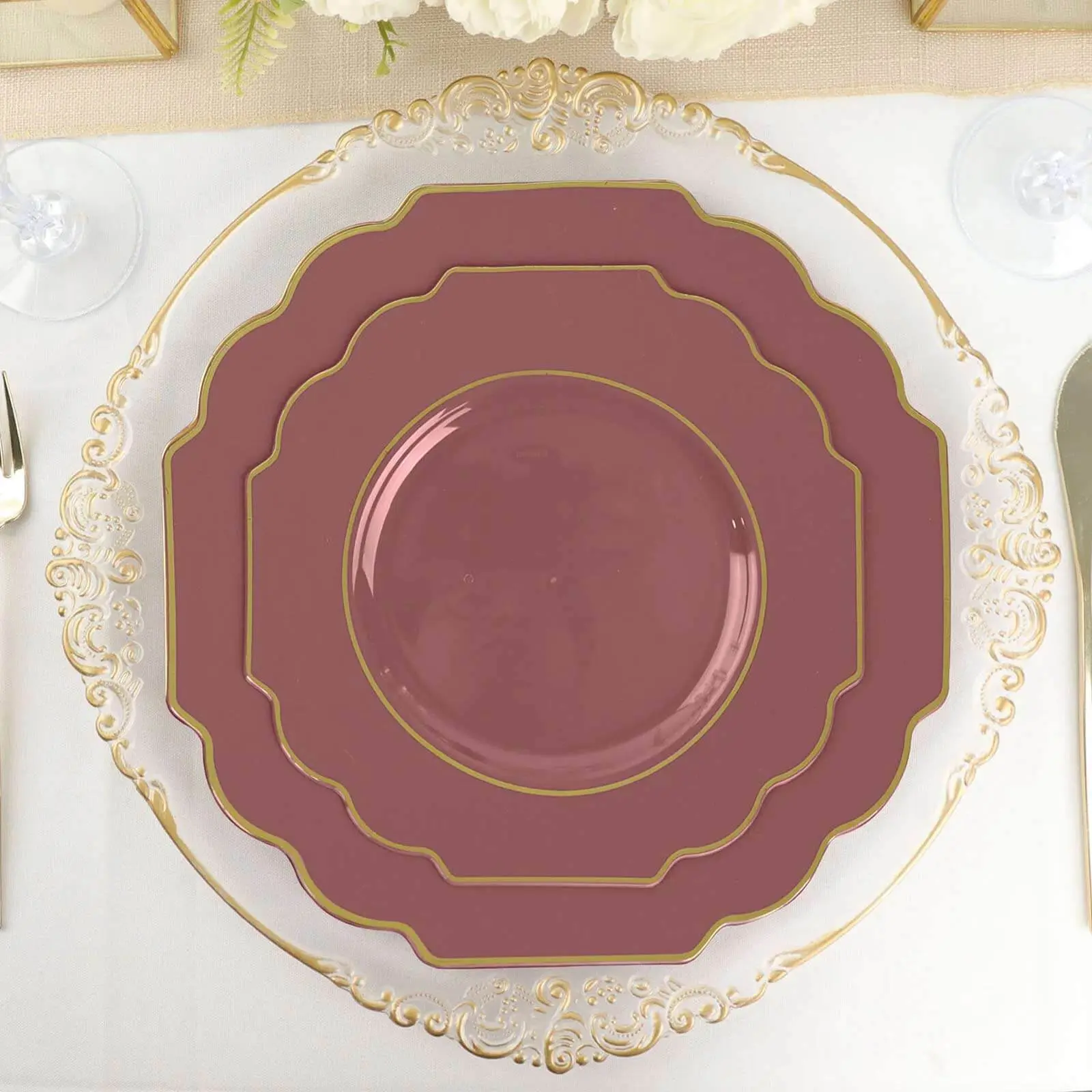 10-Pack Elegant Plastic Party Plates - 8" Cinnamon Rose Baroque Design, Scalloped Gold Rim, Heavy Duty Disposable Dinnerware for Wedding, Birthday, Salad & Dessert Appetizer Use, Elegant Plastic Plates