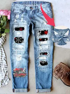 Women's Distressed Boyfriend Jeans Vintage Wash Christmas Patch Print Denim Jeans Casual Fitted Natural Waist Button Fly
