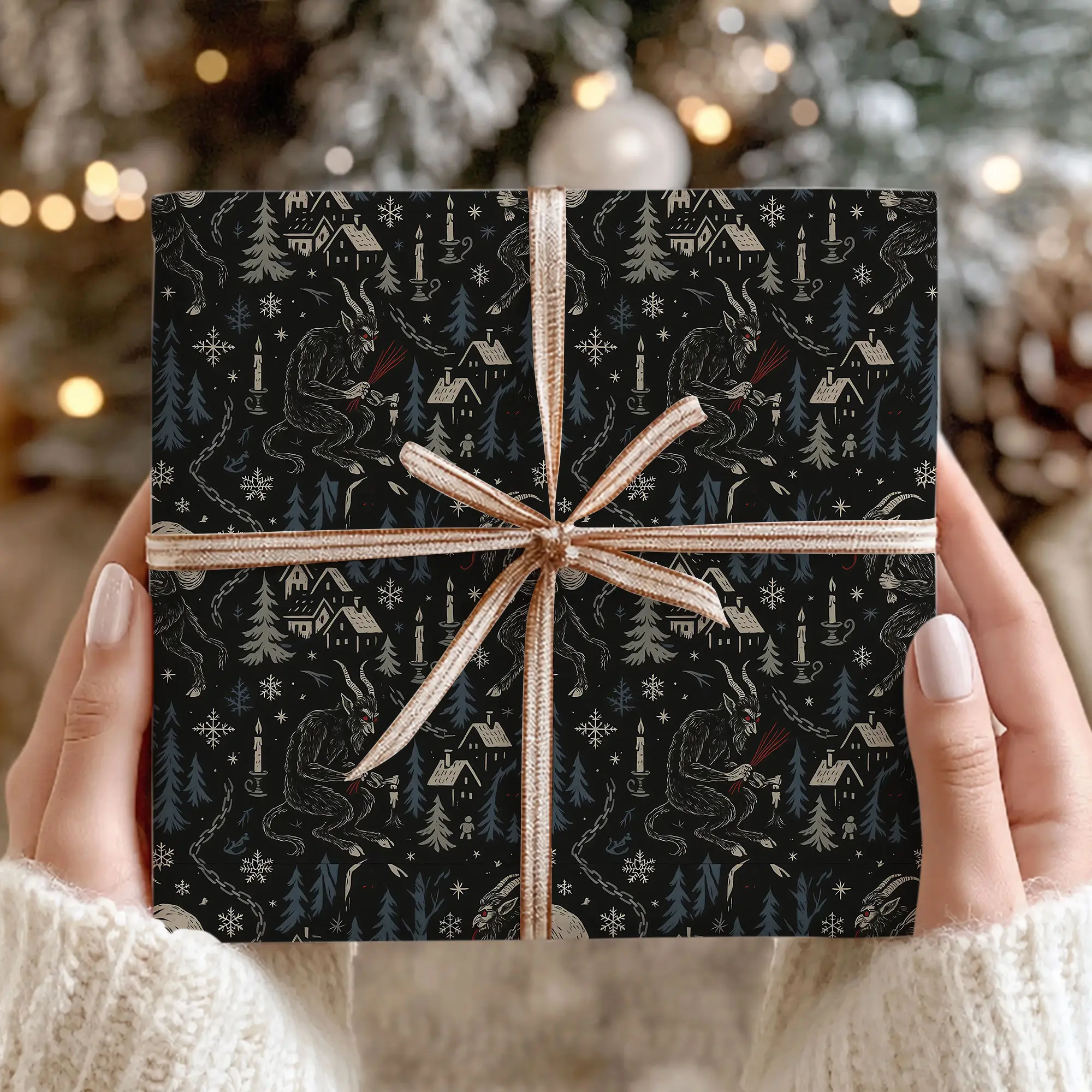 Krampus Christmas Wrapping Paper, Gothic Folklore Xmas Paper Roll, Dark Snowy Village Gift Wrap for Holiday Gifts, Birthdays & Christmas Parties