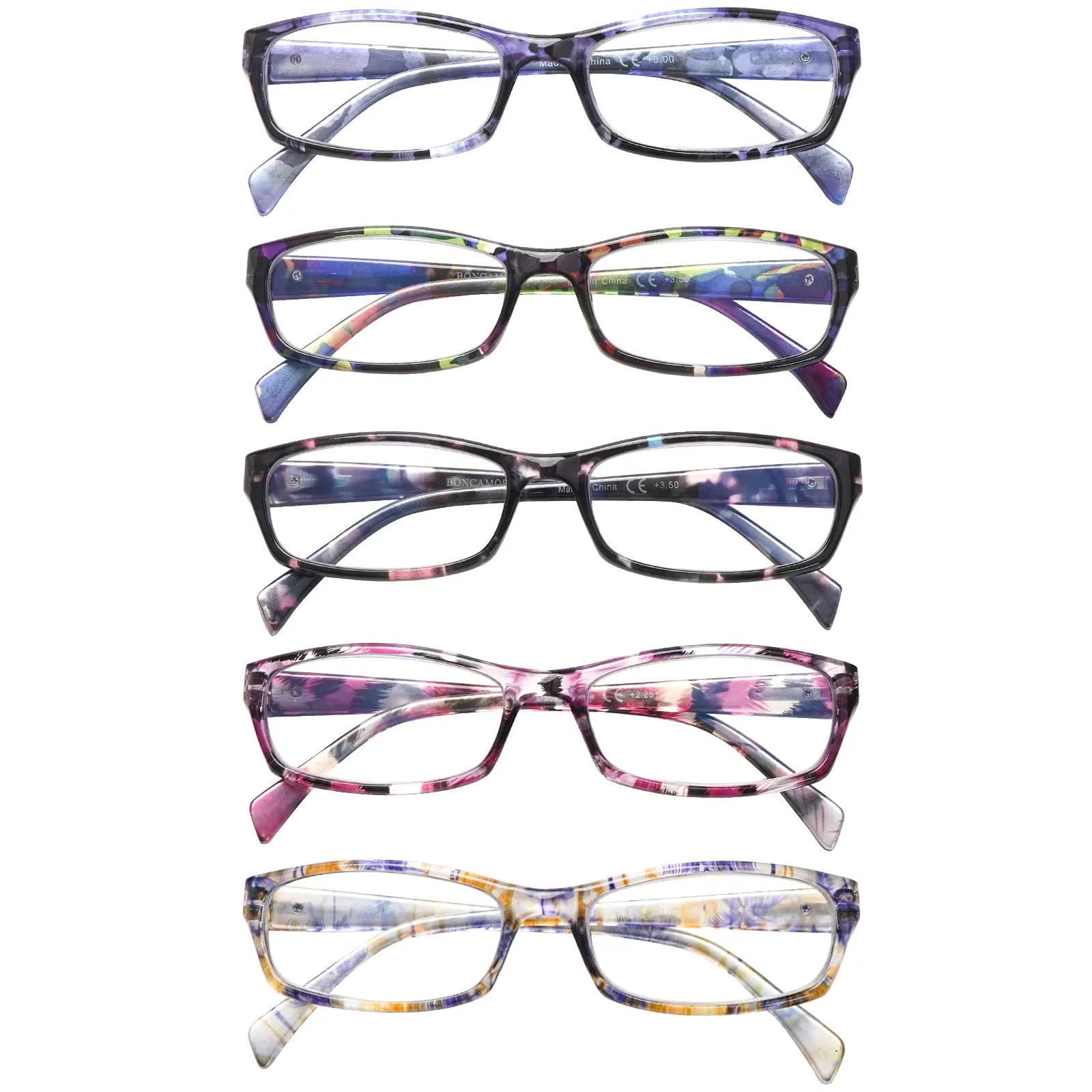 5 Packs Narrow-Rimmed, Printed, Blue-Light-Blocking Reading Glasses for Presbyopia, featuring a rectangular plastic full-rim frame and sturdy spring-loaded metal hinges, help relieve eye strain and make a great gift for holidays or birthdays.