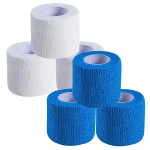 Self Adhesive Bandage Wrap 6 Roll 3 White + 3 Blue, Cohesive Bandage Tape 2Inch x 5Yard, Vet Wrap Athletic Tape for Wrist Ankle Support, Self Stick Sports Wrap