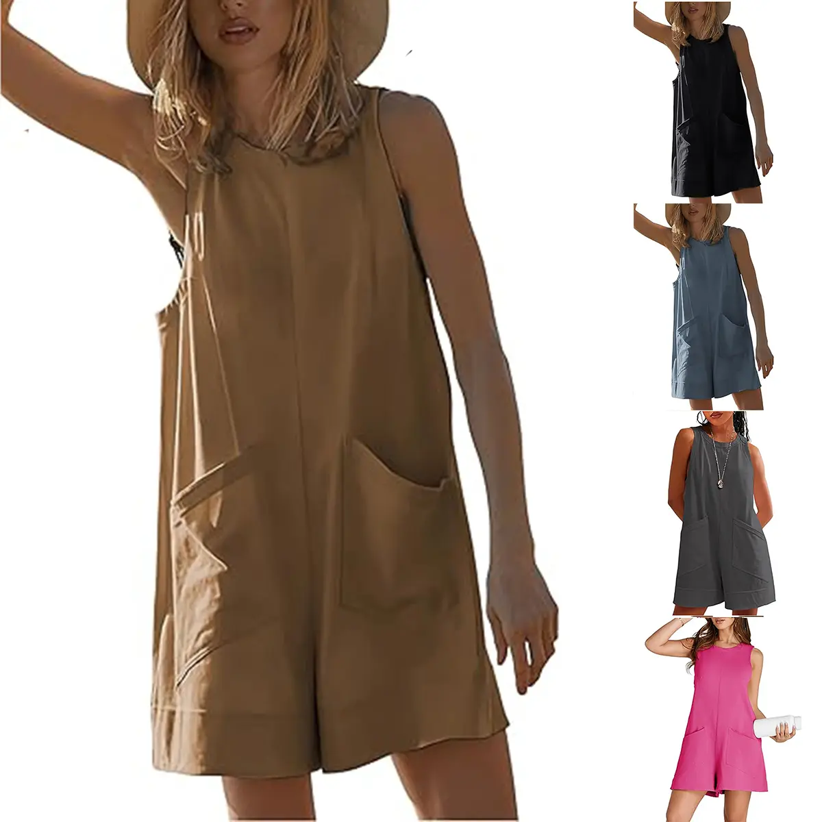 Woodberry Women's Casual Overalls - Cute Lightweight Stretchy Cotton-Spandex Pull-On Short Romper with Pockets, Crew Neck, Above Knee, for Vacation, Party