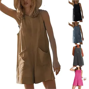 WoodBerry Women's Casual Sleeveless Romper Summer Beach Vacation Stretchy Onesie Round Neck Loose Shorts Jumpsuit with Pockets for Daily Wear
