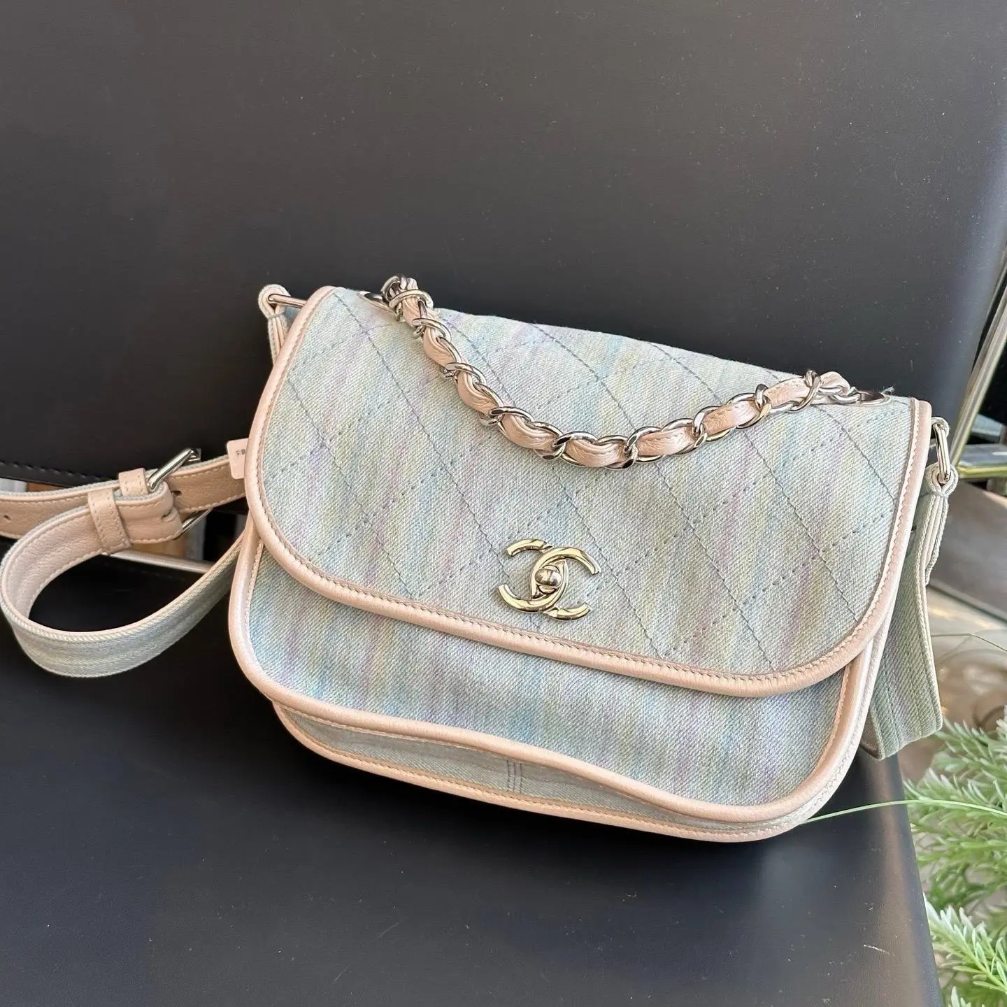 Pre-owned CHANEL Authentic Runway Rainbow Gradient Denim Saddle Messenger Bag Silver Hardware, Very Good Condition, Crossbody Bag 2603944, Crossbody Bags