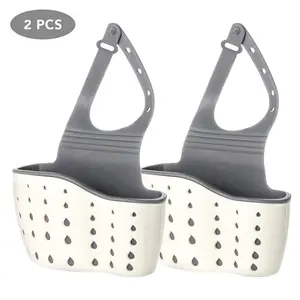 2PCS No-Drill Hanging Kitchen Sink Organiser, Plastic Basket Caddy with Adjustable Strap & Silicone Soap Holder, Drain Holes for Drying, Easy Installation Home Storage Organizer