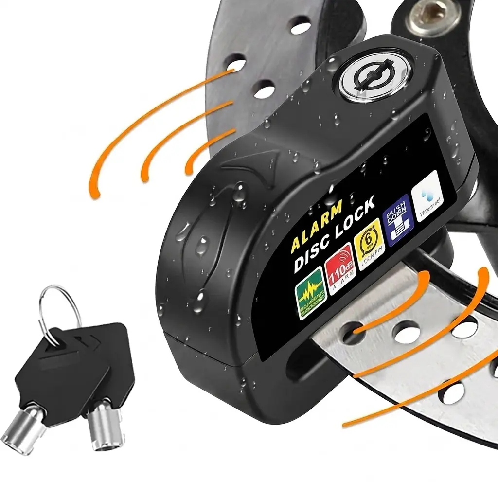130dB Alarm Motorcycle Disc Brake Lock - Heavy Duty Anti-Theft Wheel Lock, Waterproof Zinc Alloy Security Padlock for E-Bike, Scooter, Dirt Bike, Moped (Includes Batteries)