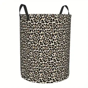 [Leopard Print Laundry Hamper] Waterproof Large Leopard Print Foldable Laundry Hamper with Handles - 16.5" H x 13.4" W - Laundry Basket, Laundry Baskets - Perfect for Clothes, Toys, and Bathroom Storage - Classic Round Design