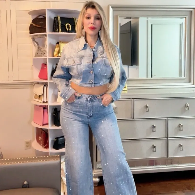 Stylish Women Denim Two-Piece Set – Jacket & Wide Leg Pants