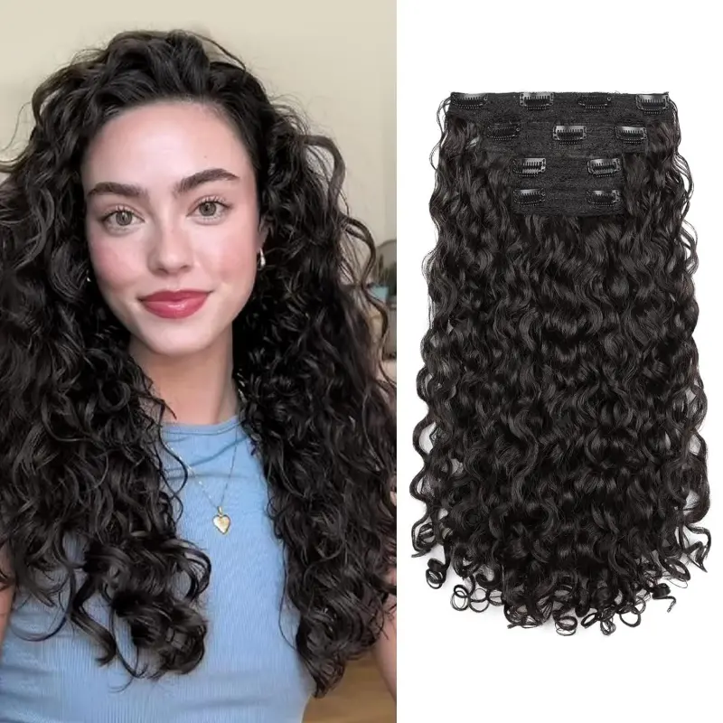 Women's 4PCS 18" GoGo Curly Clip-in Hair Extensions, 100% Super Protein Hairpieces with Invisible Lace Weft, Silky Soft Natural Look, Synthetic Hair Pre Cut Closure, Synthetic Hair Wig