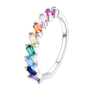 Rainbow Colorful CZ Stackable Ring 925 Sterling Silver Eternity Band Rings for Women Pride Aesthetic Trendy Jewelry Gift