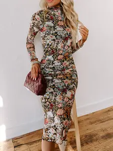 Women's Ditsy Floral Print Long Sleeve Bodycon Casual Chic Fitted Dress, Elegant Fashion Casual Dress for Daily Outdoor Wear, Women Dress for All Seasons