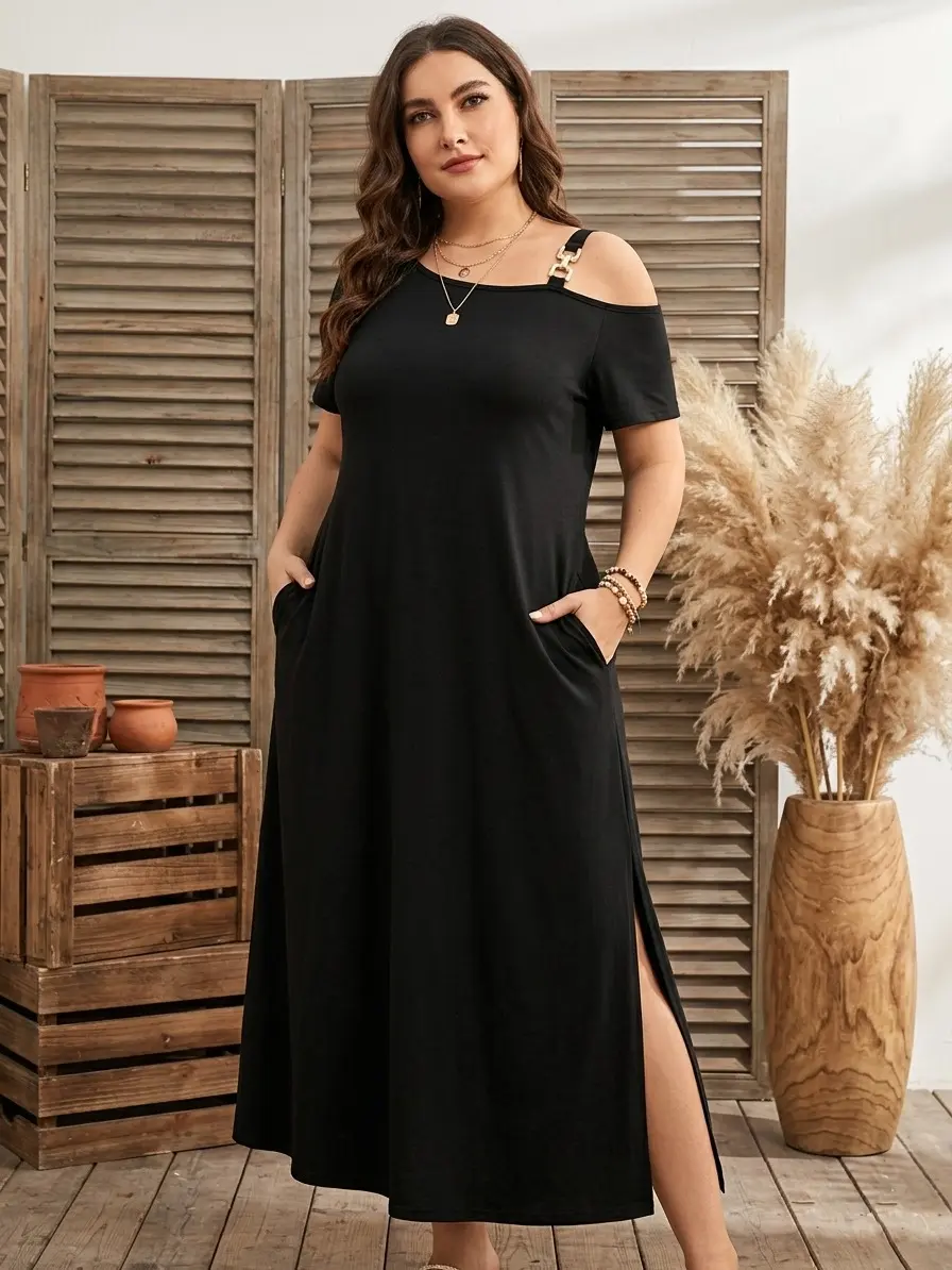 Elengatine Women Plus Size Maxi Dress, Casual Off Shoulder Short Sleeve Long Dress with Pockets, Loose Fit Flowy Summer Dress, Soft Comfortable Everyday Outfit for Curvy Ladies, Beach Vacation, Daily Wear, Street Style & Travel,summervibes  Flat