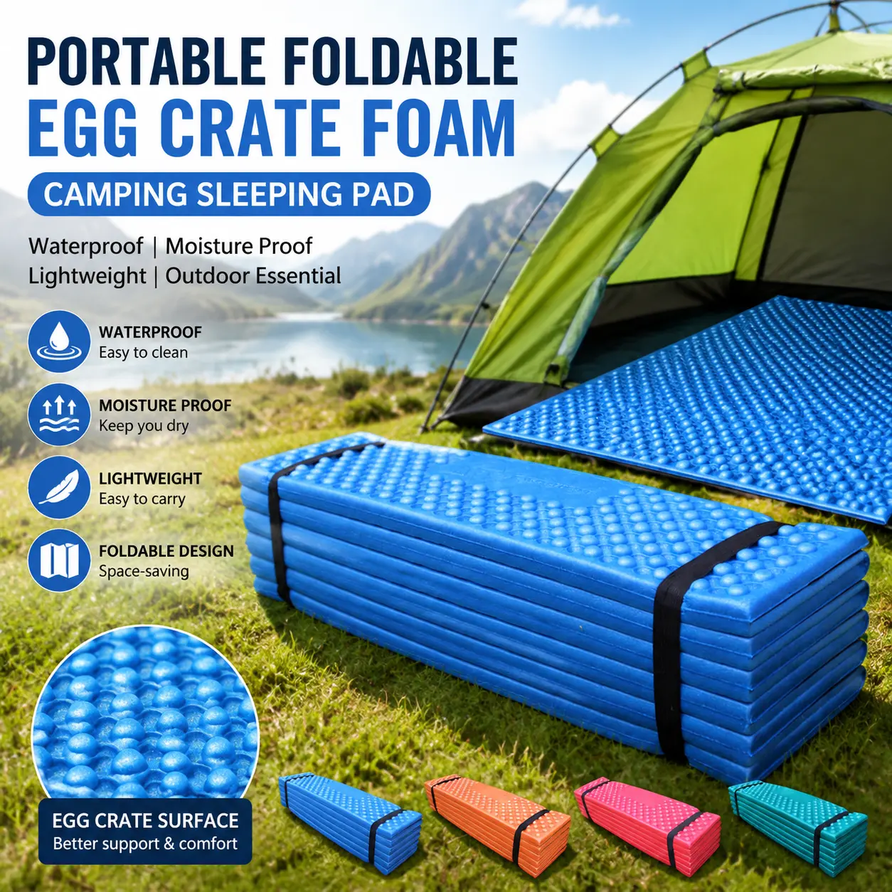 Portable Foldable Egg Crate Foam Camping Sleeping Pad, Waterproof Moisture Proof Lightweight Outdoor Hiking Mountaineering Tent Mat