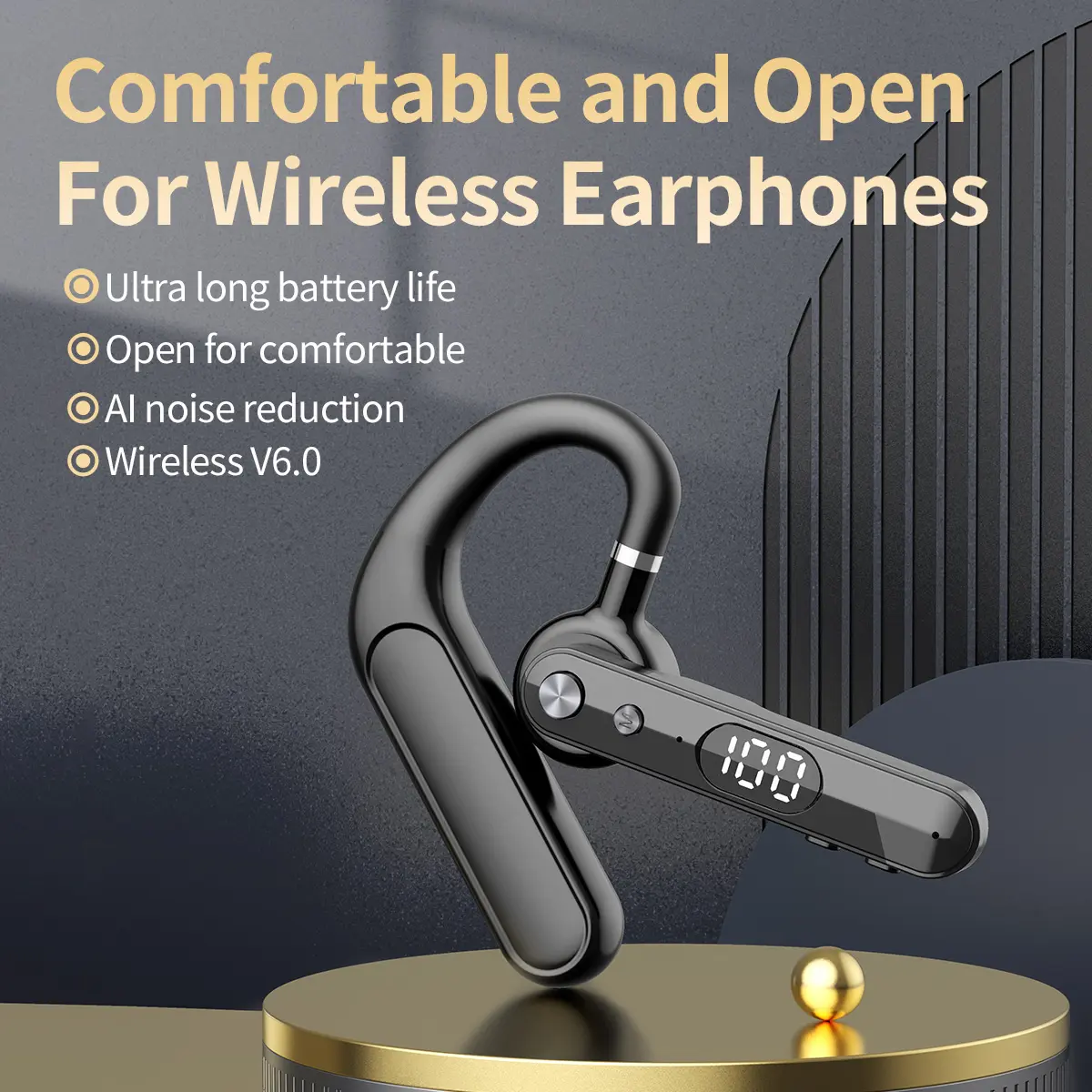 Wireless Open-Ear Touch Headset, Wireless Chargeable Headphones, Wireless Audio Headphones, Long-lasting battery with LED display HD noise-canceling microphone Rotatable earpiece Compatible with iPhone/Android devices Ideal for long drives