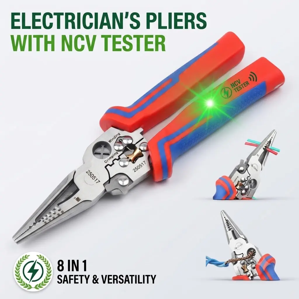 8-in-1 Multi-Purpose Electrician Plier Set - NCV Voltage Tester, Wire Stripper, Cable Cutter, Crimping Tool, Wire Twisting Tool, Insulation