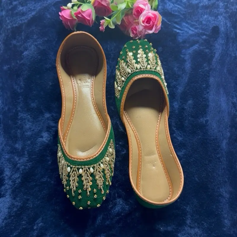 Handmade Velvet Green Bridal Jutti - Traditional Punjabi Khussa with Gold Zardosi Embroidery - Ethnic Wedding Flats