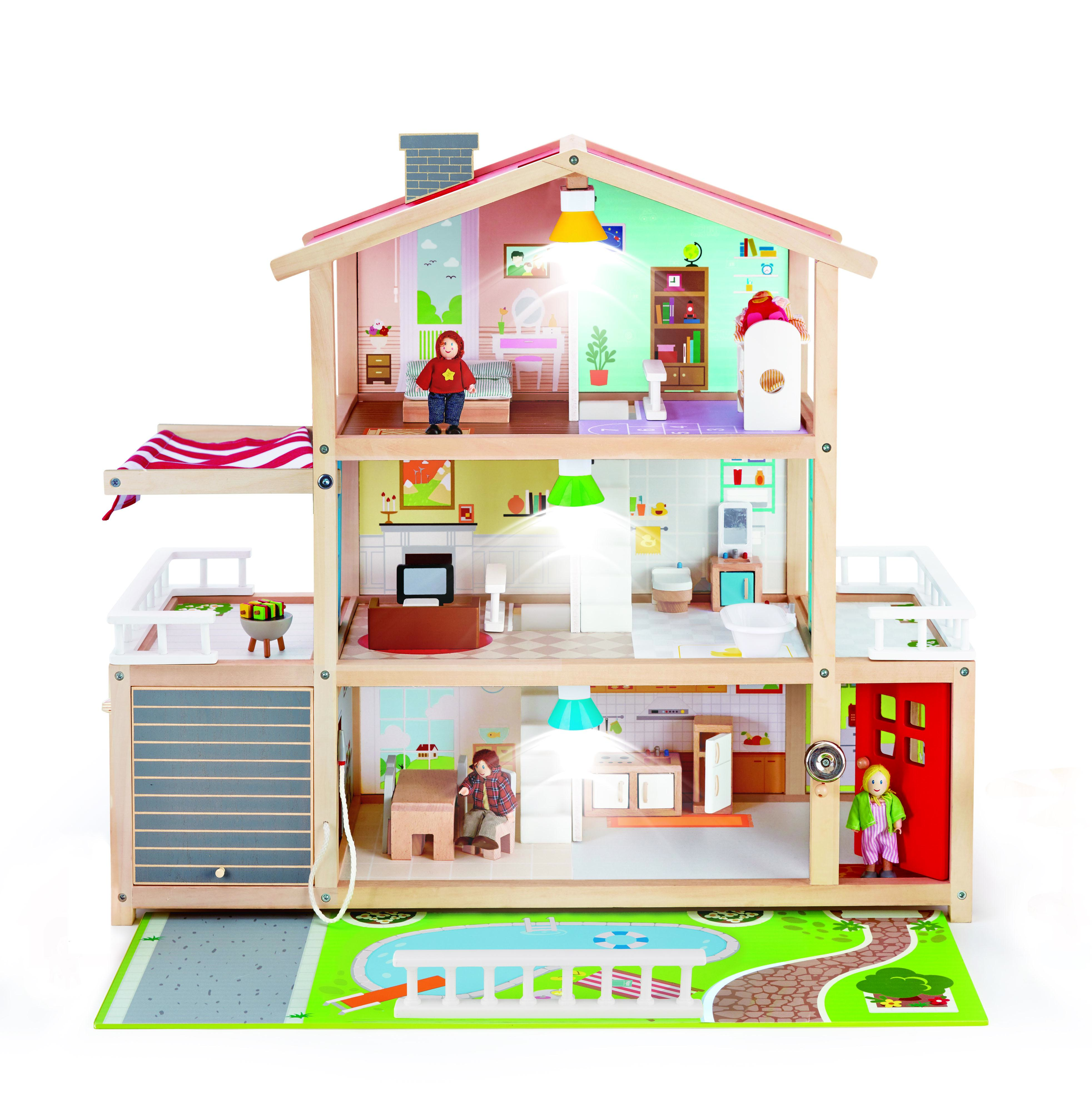 Hape Wooden Doll Family Mansion Dollhouse Playset with Furniture, Swimming Pool, Garage, Magnetic LED Lights That Move Freely, Bedroom, Kitchen Accessories, Dining Room, Balcony, Hallway for Imaginative Role-Play, Doll House