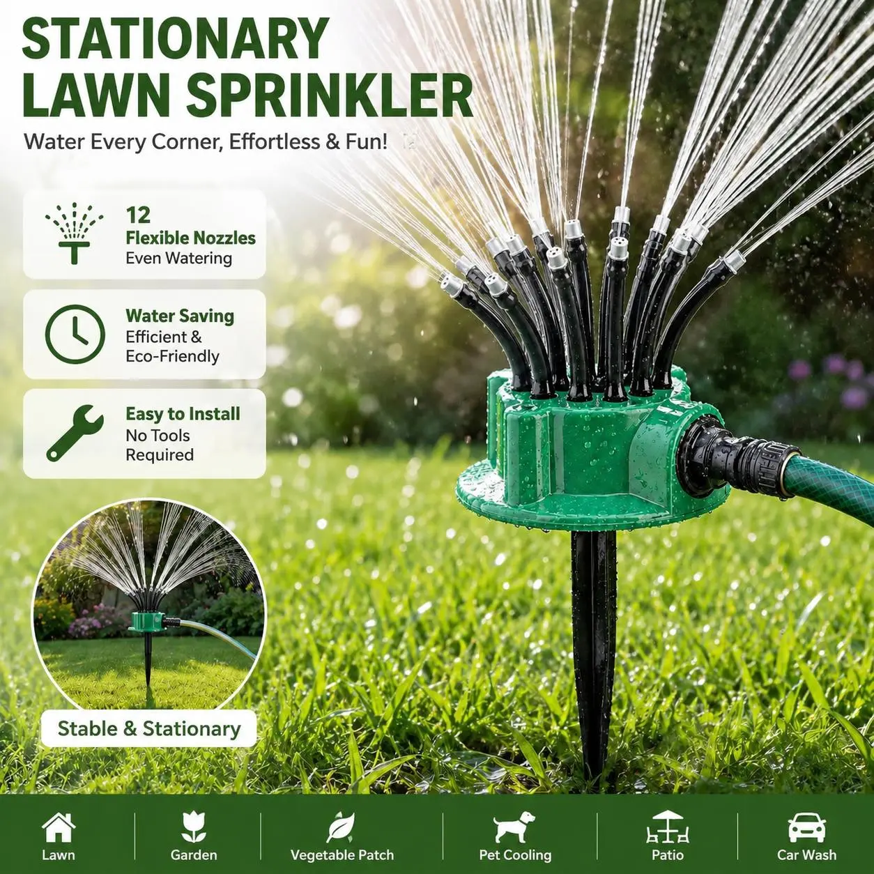 360° flexible lawn sprinkler, automatic 12-tube garden irrigation sprinkler head, equipped with grounding plug, garden sprinkler, suitable for lawns and plants