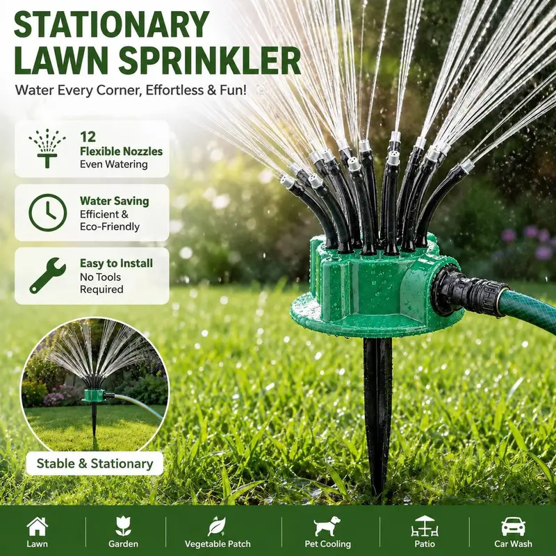 Manually adjustable lawn sprinkler, 12-tube garden irrigation sprinkler head, equipped with grounding plug, garden sprinkler, suitable for lawns and plants
