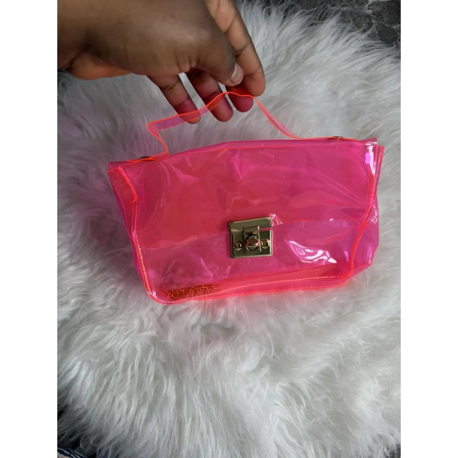 Pink Transparent Handbag with Gold Lock and Pink Handle