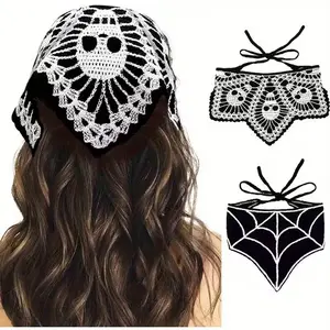 Gothic Black Skull & Spider Web Crochet Hair Accessories - 2pcs Black Lace Headbands with Ribbon Bow for Stylish Looks