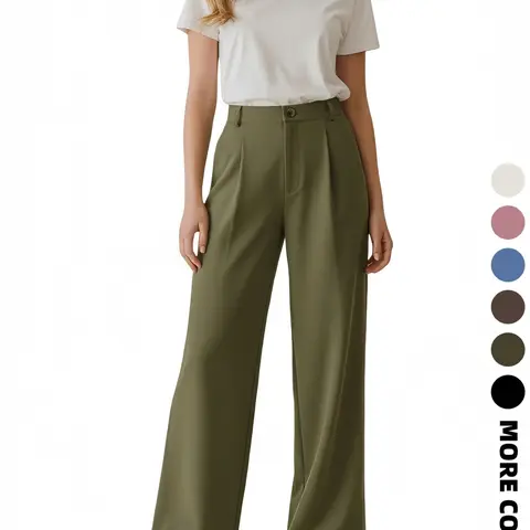Women's Business Casual Plain Color Elastic Waist Button Fashion Trouser Pants, Casual Work Pants, Fitted H-Type, All Seasons, Stylish and Comfortable, Casual Chic Trousers, Womenswear