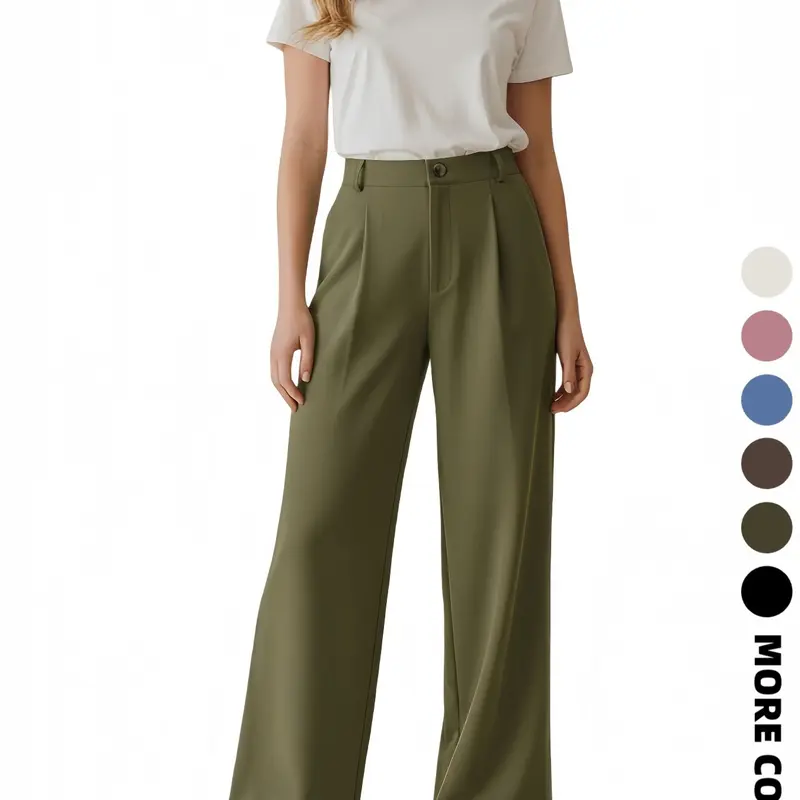 Women's Business Casual Plain Color Elastic Waist Button Fashion Trouser Pants, Casual Work Pants, Fitted H-Type, All Seasons, Stylish and Comfortable, Casual Chic Trousers, Womenswear