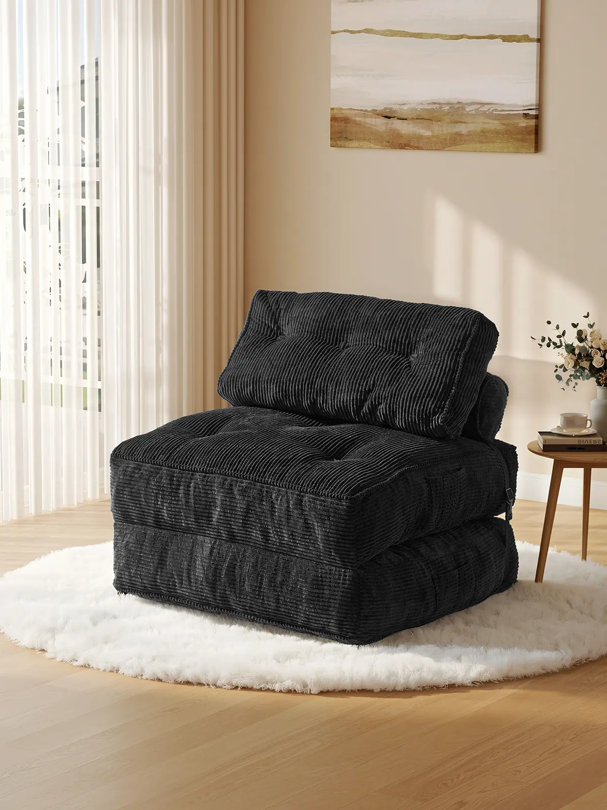 【SummerFinds】ONBRILL 4-in-1 Corduroy Convertible Futon Chair Bed - Compact Fit, High-Rebound, Pre-Assembled 1-Person Portable Floor Lounger for Living Room, Corduroy Couch