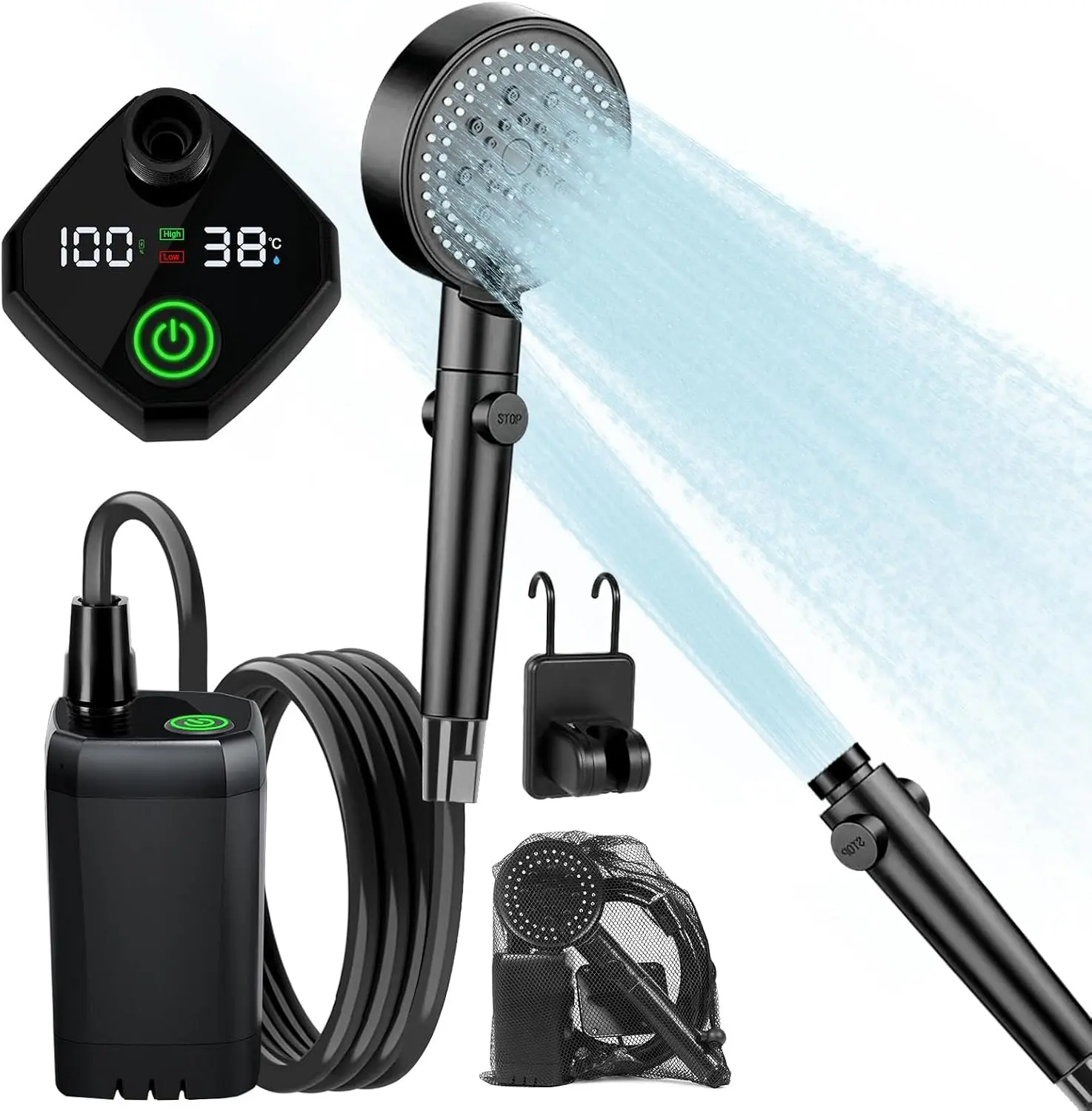 Portable Shower for Camping, 6000mAh Rechargeable Camping Shower with Digital Display, Outdoor Shower Sustainable for Camping, Beach, Hiking, Travelling, Pet Cleaning