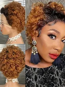 Short Curly Wave Pixie Cut Wig Human Hair Lace Front 13x1 Transparent Lace Front Natural Scalp Wig for Women 150% Density 6 Inch