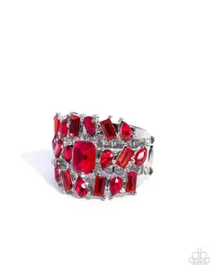 Strategically Shimmery - Red Rhinestone Silver Ring - Paparazzi