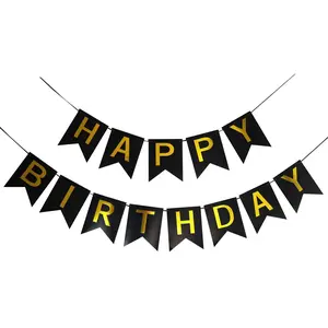 Happy Birthday Banner, Black and Gold Flag Bunting for Party Backdrop Decoration for All Ages
