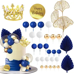 Balls Cake Toppers Crown Tiara Cake Topper Happy Birthday Cake Decorations for Birthday Boho Wedding Baby Shower Party Decorations (Blue White Gold)