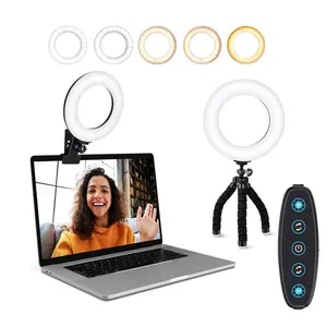Clip-On LED Ring Light Kit for Smartphones, Mobile Devices, Laptops, Monitors - 5 Dimmable Colors, 5 Brightness Levels, Adjustable Plastic & Metal LED Lights for Remote Working, Live Streaming