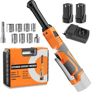 3/8" Extended Electric Ratchet Wrench Set, 45ft-lbs 600 RPM Cordless Long  Power Ratchet Wrench Kit with 2 count , LED Light, 9 Sockets, Toolbox, Variable Speed, For Housework,  Repair