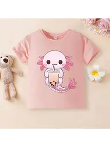 Axolotl Shirt for Girls | Cute Kids Graphic Tee with Cartoon Salamander & Umbrella Print, Soft Cotton Short Sleeve T-Shirt for Boys & Girls, Spring Summer Outfit