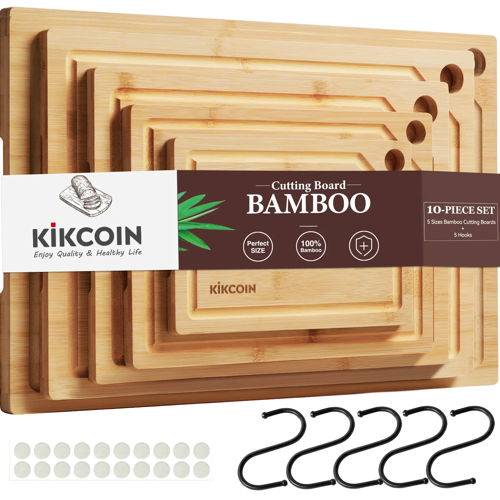 Kikcoin 10PCS Multi-Size Rectangular Antibacterial Bamboo Chopping Board Set with Hooks, Tray, Juice Grooves, Knife-Friendly Design, Space-Saving Storage, Easy Clean & Maintain, Kitchenware Gift for Loved Ones, S