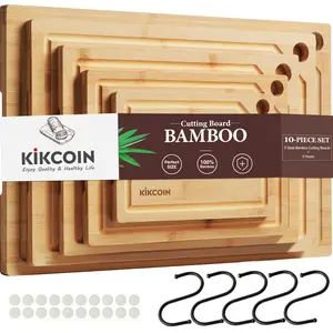 Kikcoin 10PCS Bamboo Cutting Board Set with Hooks and Tray, Natural Bamboo Kitchen Gadgets with Juice Grooves, Knife-Friendly Design, Space-Saving Storage, Easy to Clean and Maintain, Perfect Kitchen Gift for Family and Friends80's cutting board tiktoksho