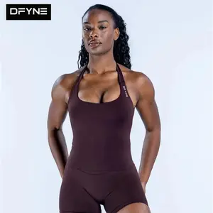 DFYNE Seamless Halter Tank Top & Leggings Set| Padded Longline Sports Bra Top with High Waisted Tummy Control Yoga Pants 2-Piece Outfit