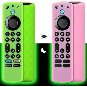 PLL Silicone Remote Case (2pcs, Glow in The Dark) for Firestick 4K Max/Toshiba/Insignia/Pioneer/Omni (QLED) Series Alexa Voice Remote Enhanced w/Lanyard (Green + Pink) Multicolor