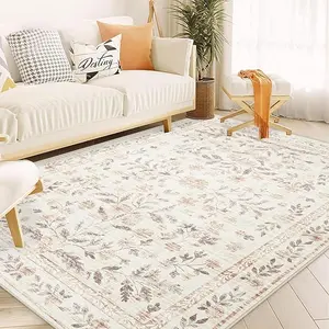Boho Area Rug for Living Room Washable Floral Non Slip Soft Low Pile Large Rugs for Bedroom Girls, Dining Room, Office, Kids Playroom