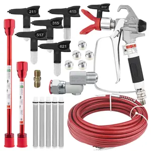 17 pieces of airless spray paint gun hose kit, 1 3600psi high-pressure fiber tube, 1 spray gun, 1 base, 2 extension rods, 5 nozzles (211 315 415 517 621) and 5 filter screens, 1 swivel joint, 1 screw joint, household building paint spray hose kit