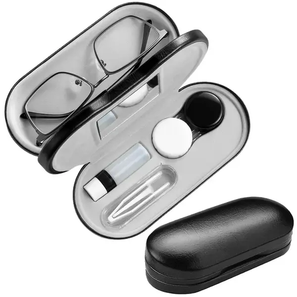 Lightweight 2-in-1 Contact Lens & Glasses Case - Double-Sided Travel Kit with Built-in Mirror, Tweezer, Remover, Solution Bottle Storage for Daily Use, Travel (Party Gift, Home Supply)