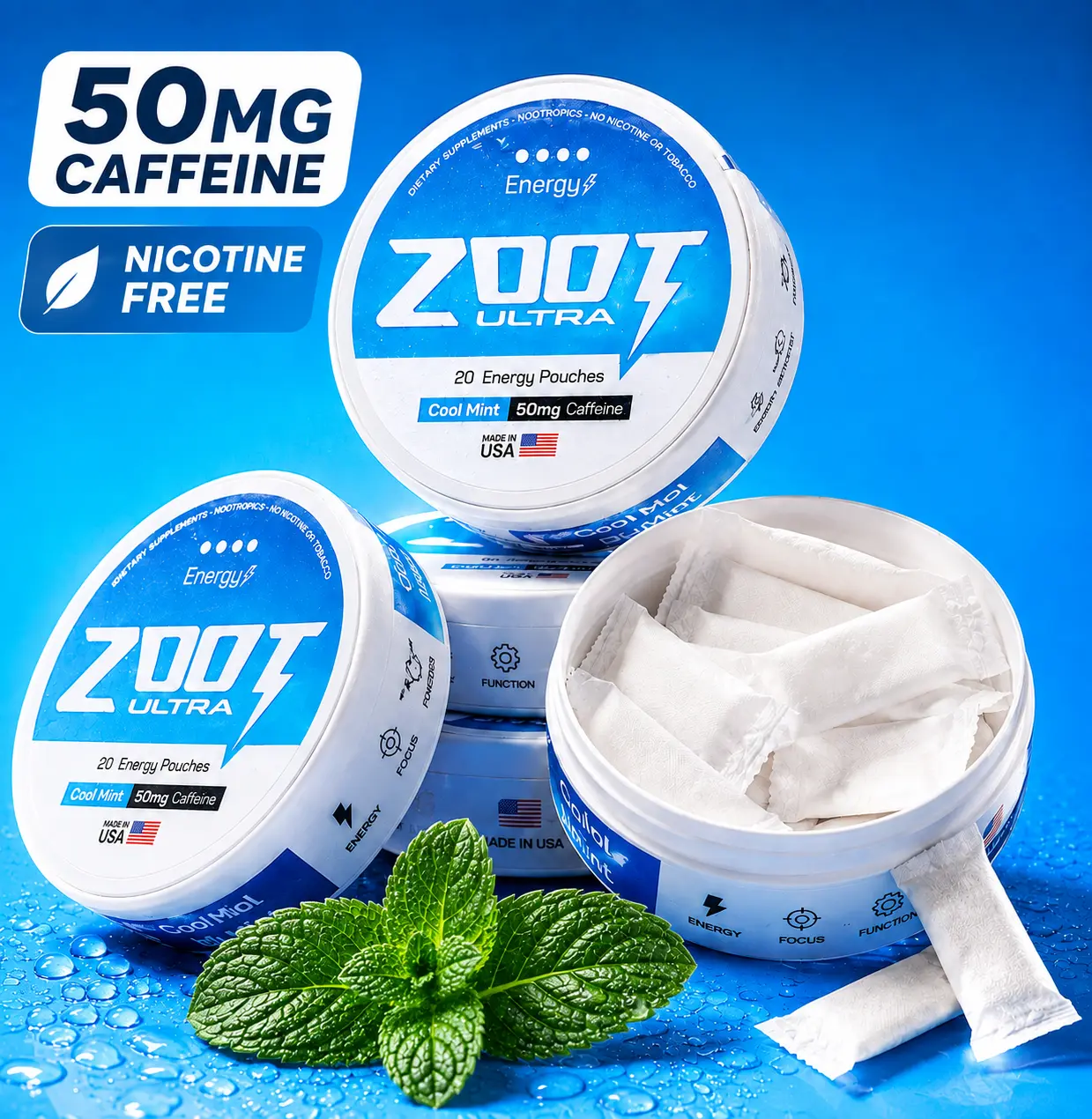 ZOOT Ultra Focus & Energy Pouches - Sugar-Free Cool Mint | Nootropic Supplement - Clean Caffeine, Alpha GPC, Blended Vitamins, Minerals | Jitter-Free Focus & Sustained Energy